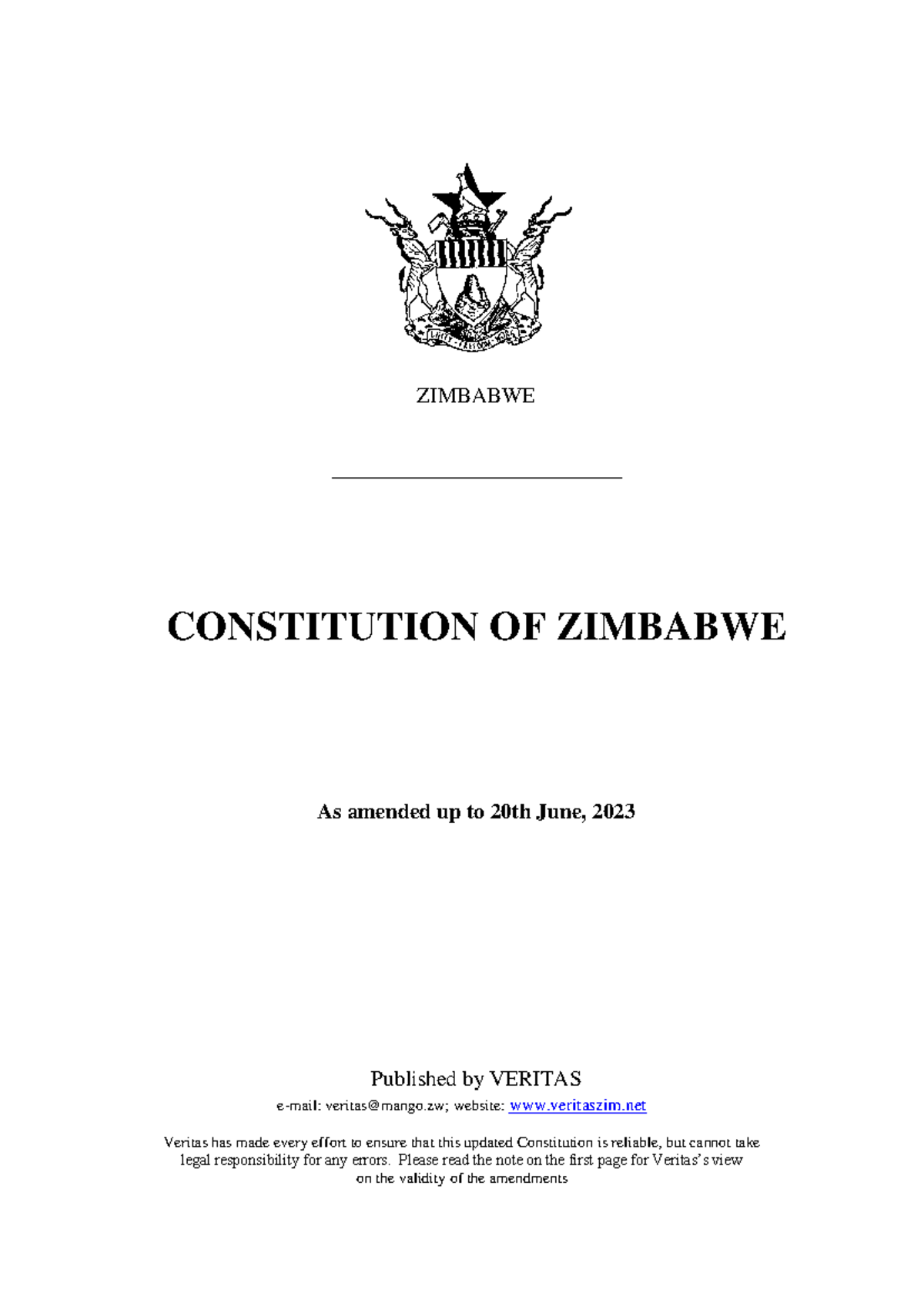 Cover page of the Constitution of Zimbabwe document
