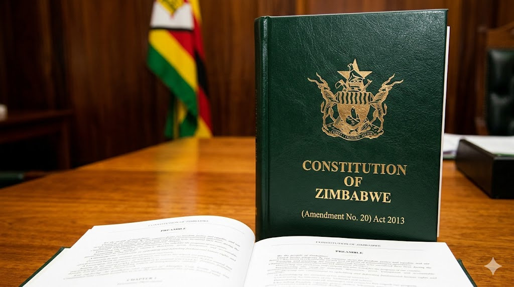 Constitution of Zimbabwe (Amendment No. 20) Act 2013 on a desk with the national flag